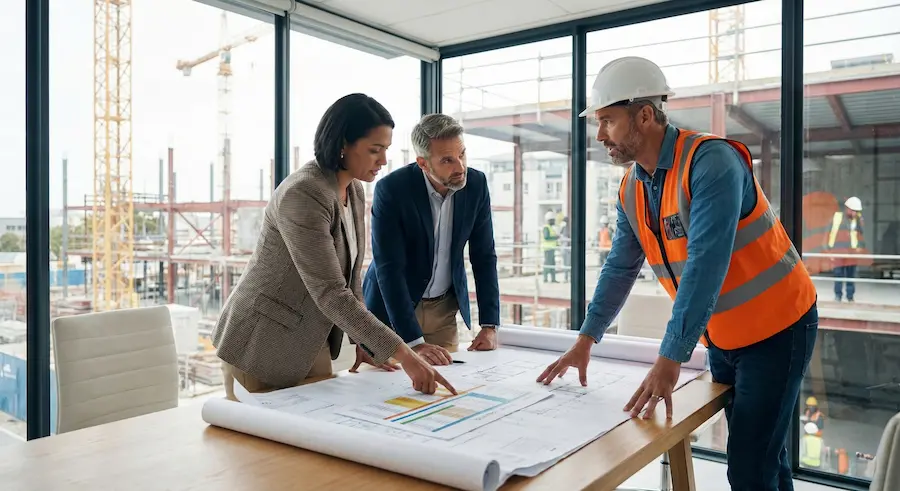 Team reviewing electrical plans at construction site