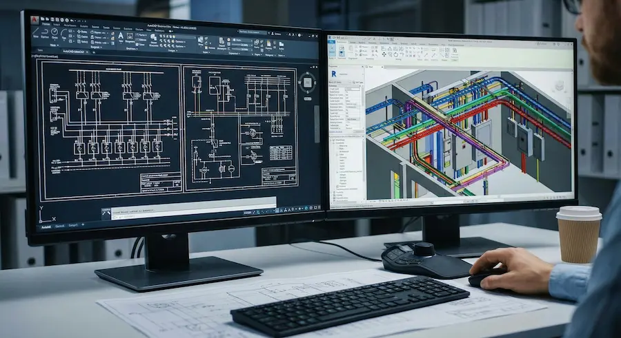 Electrical schematics and BIM model on dual monitors