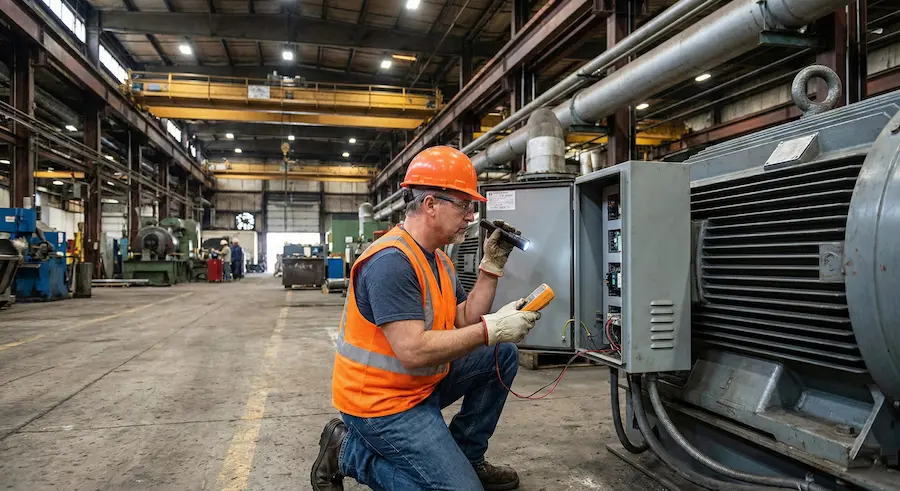 Industrial electrician testing motor control panel in factory