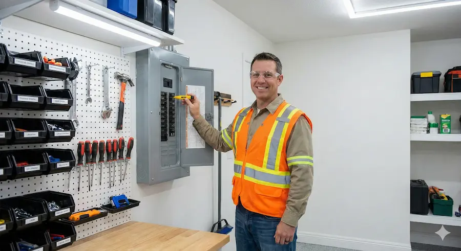 Electrician inspecting breaker panel in workshop