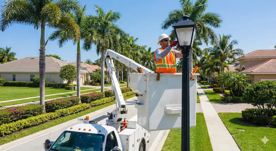 worker in a bucket truck performing street light maintenance