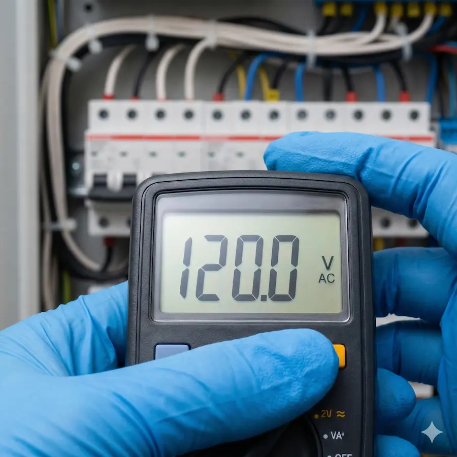 Electrician measuring 120 volt AC power using a digital multimeter