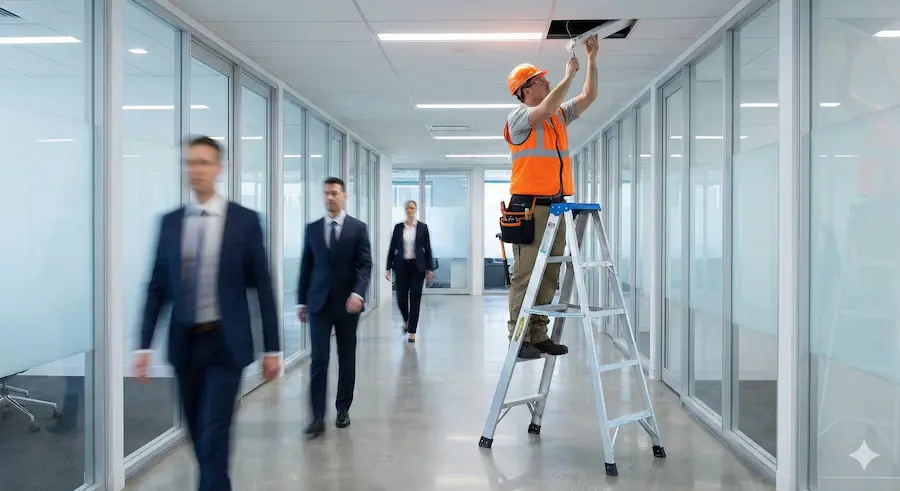 Electrician performing ceiling electrical maintenance on a ladder