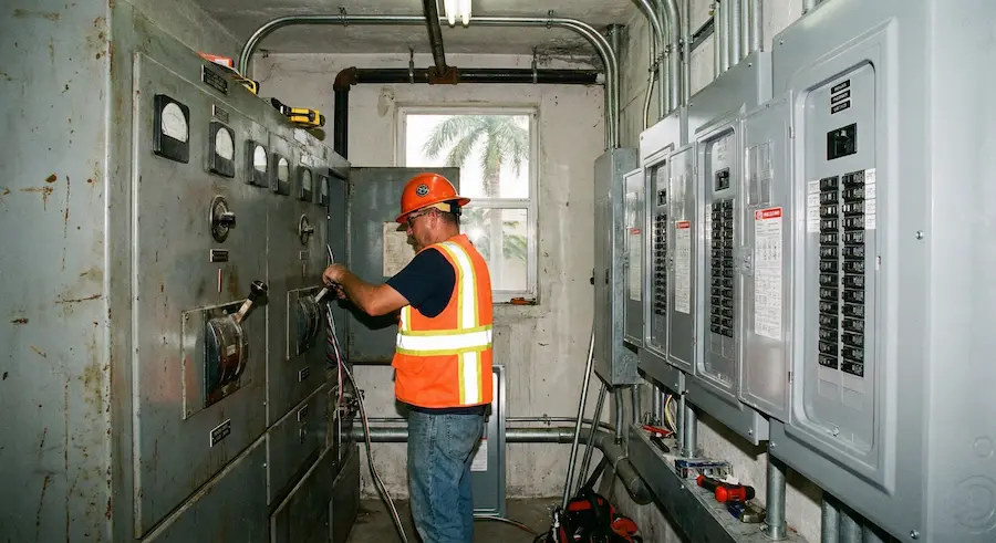 Electrician servicing electrical panels in utility room