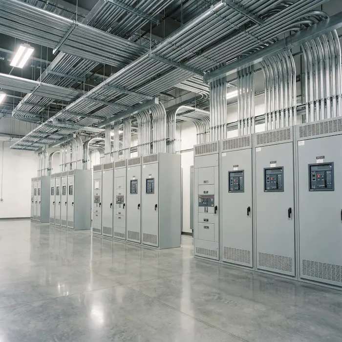 Electrical switchgear panels with overhead conduit installation