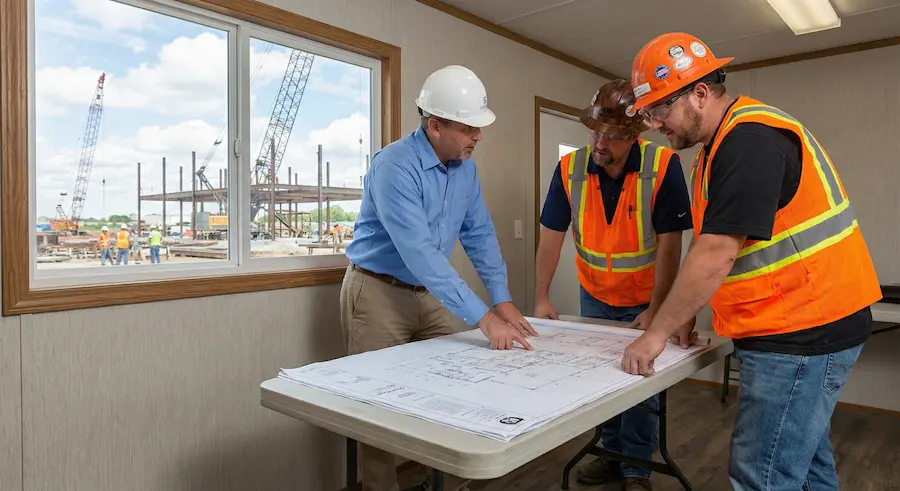 Construction team reviewing electrical drawings on site