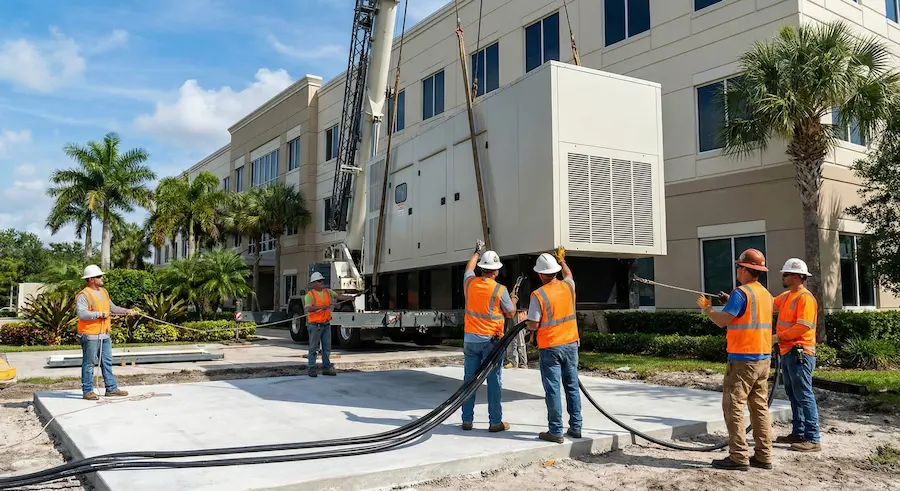 Electrical crew installing backup generator at commercial site