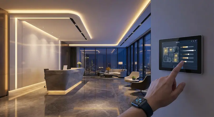 Smart lighting control panel in modern office interior